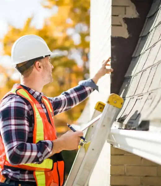 A,Man,With,Hard,Hat,Standing,On,Steps,Inspecting,House